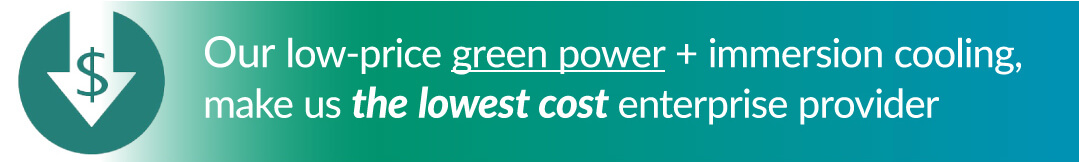 Our low-price Green power + immersion cooling, make us the lowest cost enterprise provider